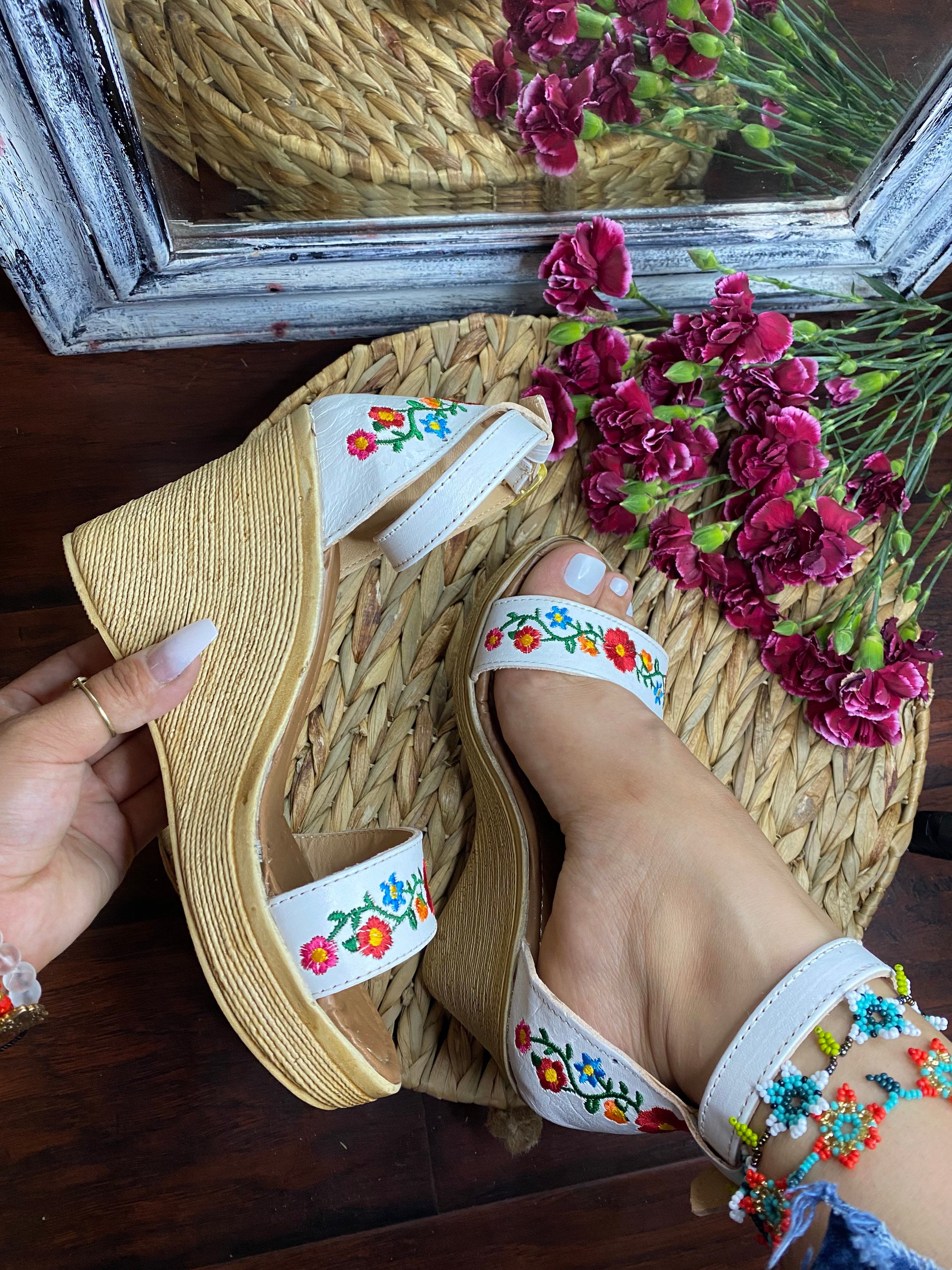 Mexican Leather Sandal. Mexican Embroidered Wedge Heels. - Etsy