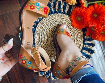 Handmade Floral Leather Huarache Wedges: Mexican Fiesta Heels
