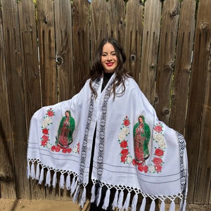 Mexican Embroidered Shawl. Virgin Mary Embroidered Shawl. Mexican Traditional Shawl. Mexican Blanket Wrap. Throw blanket. Mexican blanket.