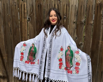 Mexican Embroidered Shawl. Virgin Mary Embroidered Shawl. Mexican Traditional Shawl. Mexican Blanket Wrap. Throw blanket. Mexican blanket.