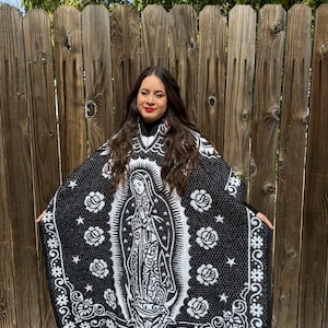 Mexican Virgen Poncho. Throw blanket. Mexican blanket. Very soft and warm with hood. One size and Unisex use. Gift Ideas. Soft poncho.