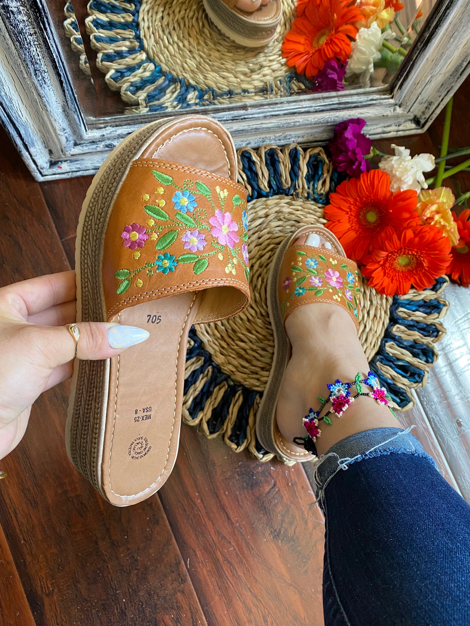Mexican Leather Sandal. Mexican Embroidered Wedge Heels. - Etsy