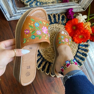 Mexican Leather Sandal. Mexican Embroidered Wedge Heels. Artisanal ...