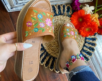 Mexican Huarache Sandals | Handmade Leather Shoes for Women | Floral Embroidered Huaraches | Wide Width Friendly