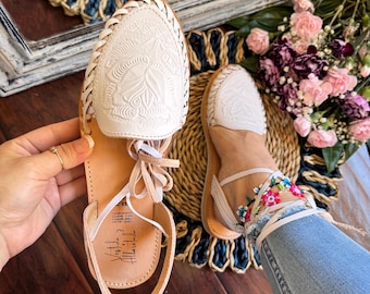 Embroidered Leather Huarache Sandals: Mexican Boho Floral Shoes