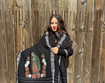 Mexican Embroidered Shawl. Virgin Mary Embroidered Shawl. Mexican Traditional Shawl. Mexican Blanket Wrap. Throw blanket. Mexican blanket.