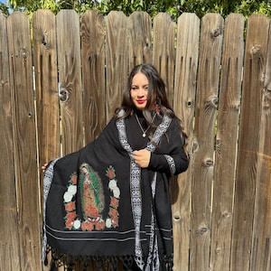 Mexican Embroidered  Shawl. Virgin Mary Embroidered Shawl.  Mexican Traditional Shawl. Mexican Blanket Wrap. Throw blanket. Mexican blanket.