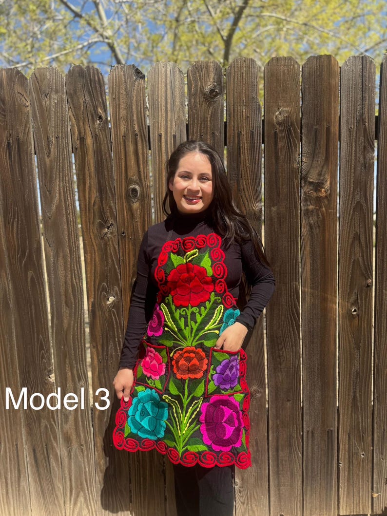 May include: A black apron with colorful embroidered flowers. The apron has pockets and a ruffled bottom. The text "Model 3" is visible in the image.