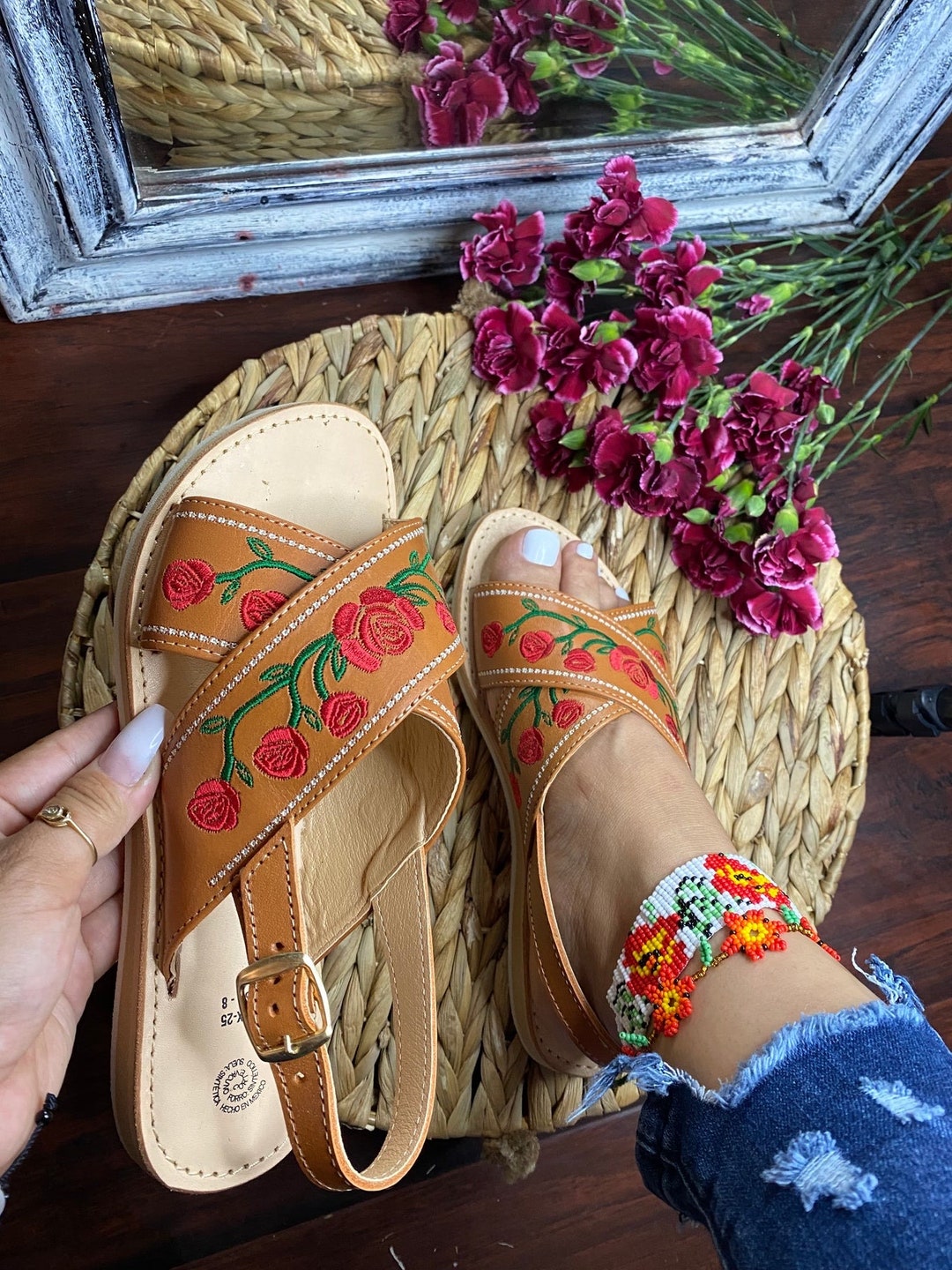 Sandalia Huarache Todos los tamaños Boho- Hippie Vintage Estilo  mexicano Cuero colorido Huaraches mexicanos México