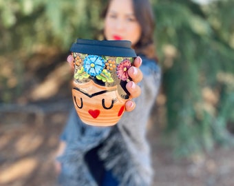 Frida Talavera tumbler. Travel mug. Mexican pottery mug. Colorful handmade mugs. Boho pottery. Coffee mugs. Handmade pottery
