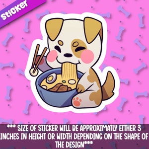 Könnte beinhalten: Ein Cartoon-Aufkleber eines Hundes, der Ramen-Nudeln isst. Der Hund ist weiß mit braunen Flecken und hat eine rosa Nase. Die Ramen-Schüssel ist blau und weiß mit herausragenden Essstäbchen. Der Aufkleber ist etwa 3 Zoll hoch oder breit.