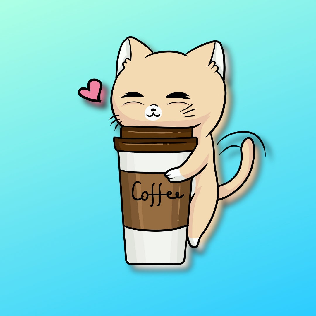 Super Kawaii Cat With Coffee Sticker Adorable Kitty Friend-for Laptop,  Planner, Phone Case, Mega Kawaii 