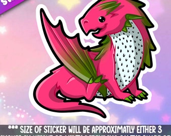 Könnte beinhalten: Ein rosa Drachen-Aufkleber mit grünen Flügeln und einem Drachenfrucht-Muster. Der Aufkleber ist etwa 7,6 cm hoch oder breit.