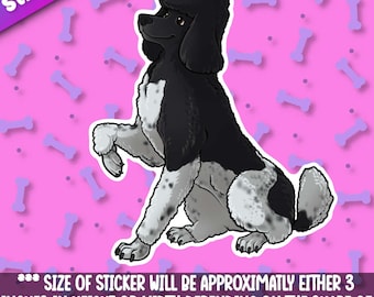 May include: Black and white poodle dog sticker with a white background. The sticker is approximately 3 inches in height or width.