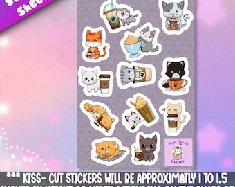Coffee cat sticker sheet. Super adorable Kawaii kitty friend-for laptop planner, phone case, journal + Mega Kawaii