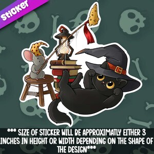 May include: A black cat wearing a witch's hat sits on a stack of books. The cat is holding a fishing rod with a piece of cheese on the end. A small mouse wearing a wizard's hat sits on a stool next to the cat.