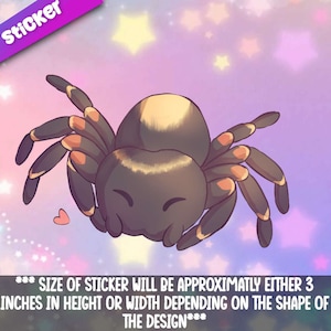 Könnte beinhalten: Ein Cartoon-Spinnen-Aufkleber mit einem schwarzen und gelben Körper und orangefarbenen Beinen. Die Spinne befindet sich auf einem rosa und violetten Hintergrund mit weißen Sternen. Der Aufkleber ist etwa 7,6 cm hoch oder breit.