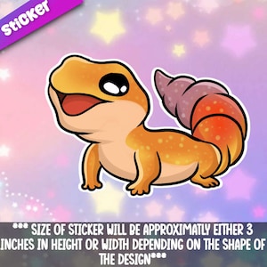 May include: A sticker featuring a cartoon illustration of a gecko with a bright orange body, a pink and orange tail, and large black eyes. The gecko is smiling with its mouth open. The sticker is approximately 3 inches in height or width.