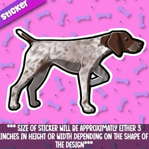 Puede incluir: Una pegatina con una ilustración de dibujos animados de un Braco Alemán de Pelo Corto. El perro es marrón y blanco con un patrón moteado. La pegatina mide aproximadamente 7,6 cm de alto o de ancho.