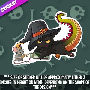 May include: A black cat wearing a witch's hat with a green and red dragon tail, holding a bottle of potion. A small mouse wearing a wizard's hat is standing next to the cat, holding a scroll.