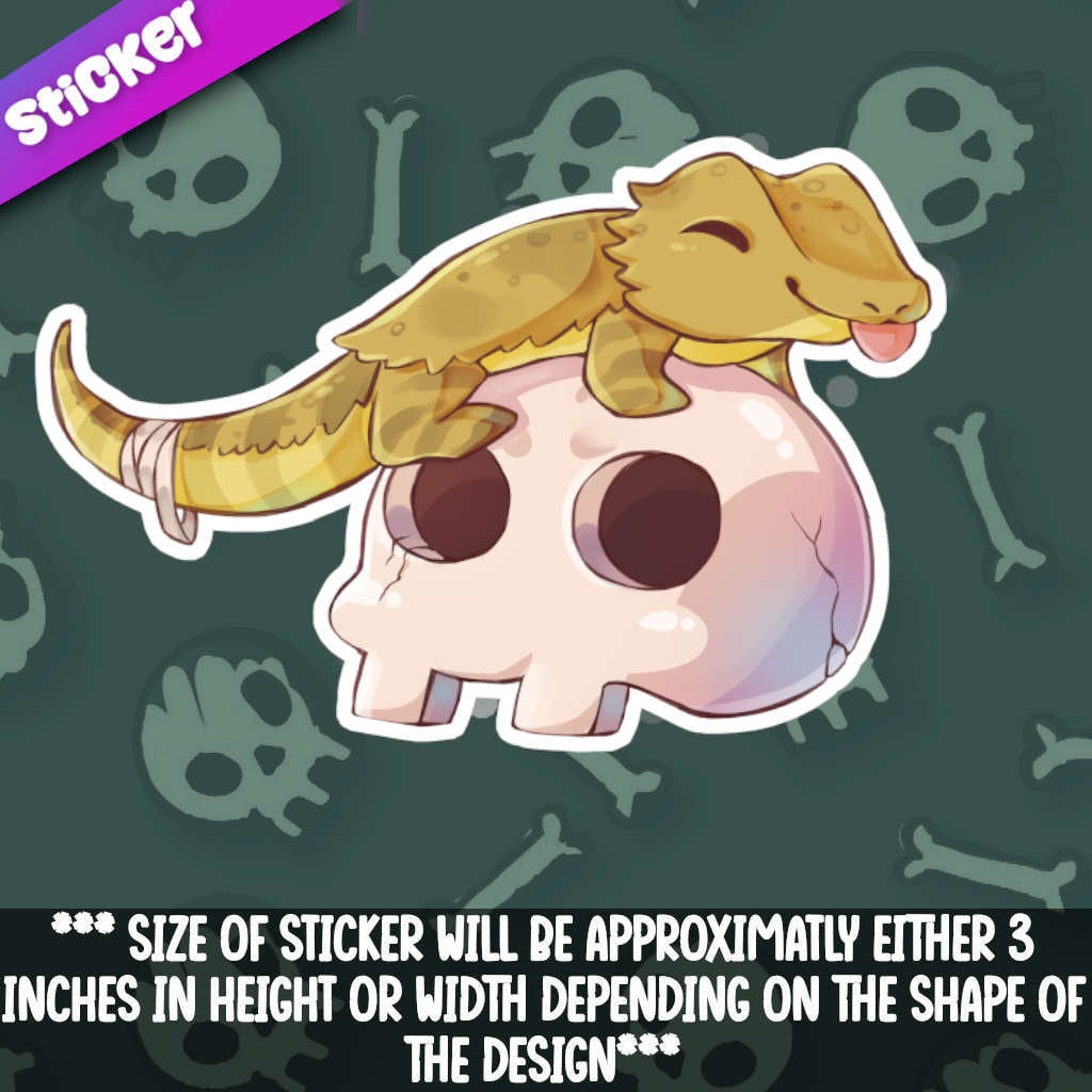Bearded Dragon on Skull Sticker! Adorable Kawaii Reptile Friend