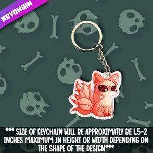 May include: A red and orange anime-style fox keychain with nine tails. The keychain is attached to a silver metal ring and chain. The keychain is approximately 1.5 to 2 inches in height or width.