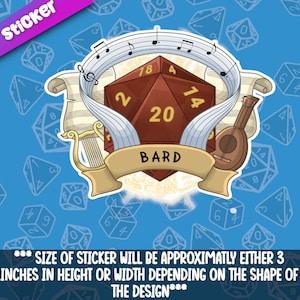 以下が含まれることがあります： 「BARD」と書かれた茶色の20面ダイスが、音符、リュート、リラに囲まれています。ダイスには、2、14、18、20の数字が見えます。ステッカーの高さまたは幅は約7.6cmです。