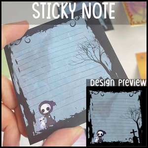May include: A black and white sticky note with a spooky Halloween design. The note features a skeleton with a cat, a bare tree, and a graveyard. The note has lined paper and a black border.