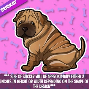 Puede incluir: Una pegatina con una ilustración de dibujos animados de un cachorro Shar-Pei marrón sentado con la lengua fuera. El fondo es rosa con patrones blancos en forma de hueso. La pegatina tiene aproximadamente 7,6 cm de alto o de ancho.