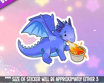 Puede incluir: Un dragón azul con alas y una expresión linda está soplando fuego en una taza de papel pequeña. El dragón está sobre un fondo rosa con estrellas blancas.
