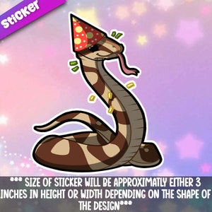May include: A cartoon snake wearing a red and white polka dot party hat with a pink tongue sticking out. The snake is brown and white with a striped pattern. The background is a pink and purple gradient with white stars.