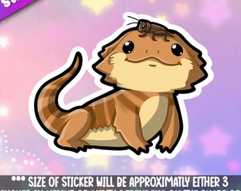 Super Kawaii Bearded Dragon with a cricket! Adorable Kawaii Reptile friend-for laptop,  planner, phone case + By Mega Kawaii