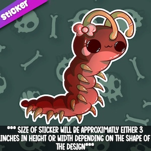 Könnte beinhalten: Ein süßer Cartoon-Aufkleber eines roten und braunen Tausendfüßlers mit einer rosa Schleife auf dem Kopf. Der Aufkleber ist etwa 7,6 cm hoch oder breit.