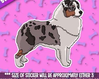 May include: A sticker featuring a cartoon illustration of a blue merle Australian Shepherd dog standing on a pink background with white bone-shaped patterns.