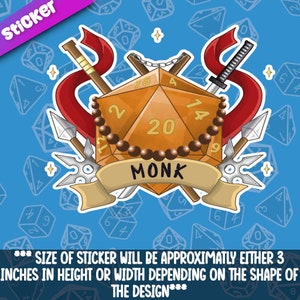Pegatina de dados de clase monje: hermosos dados temáticos D20 Dnd para juegos de rol de mesa, gran regalo para jugadores de mazmorras y dragones