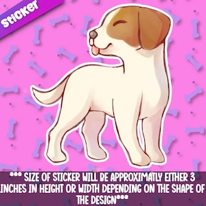 Puede incluir: Una pegatina de dibujos animados de un perro blanco y marrón con una expresión feliz, sacando la lengua. El perro está de pie sobre un fondo rosa con formas de huesos blancos.