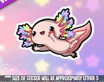May include: A sticker of a cartoon axolotl with a pink body and rainbow gills. The sticker is approximately 7.6 cm in height or width. The word "Sticker" is in the upper left corner.