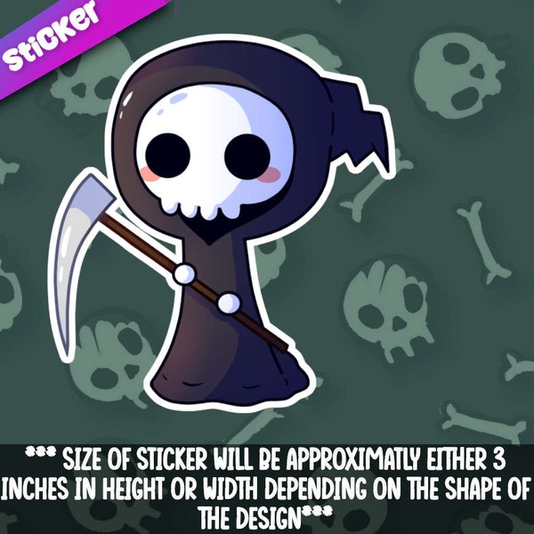 Lil Grimm With Scythe- Creepy Cute Stickers for laptops, water bottles, cars, and planners- 3 inches either dimension