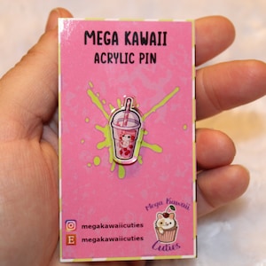Super Kawaii Axolotl swimming inside a cup of Boba tea, acrylic pin! Adorable Kawaii axolotl amphibian friend By Mega Kawaii