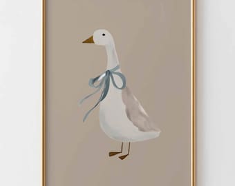 Silly Goose muurkunst neutrale gans kinderkamer muurkunst minimalistische eend poster met strik elegante babykamer decor vintage boerderijdieren print