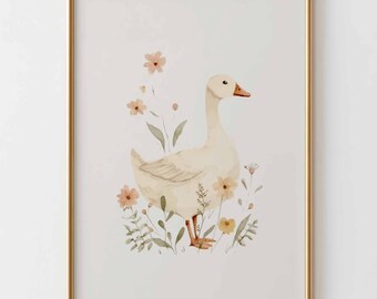 Gans bloemen kinderkamer kunst aan de muur, poster botanische eend, Cottagecore babykamer decor, neutrale kinderkamer print, vintage boerderij dieren kunst