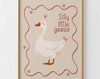 Silly Little Goose kunst aan de muur, schattige kinderkamer print, gans illustratie poster, grappige kinderkamer decor, neutrale babykamer kunst