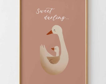 Sweet Darling Goose kunst aan de muur, mama en baby gans print, poster kinderkamer citaat, baby girl room decor, neutrale kinderkamer dieren kunst