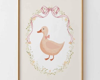Vintage eend kinderkamer muurkunst print, poster babykamer meisjeskamer, vintage strikdecor, eend illustratie, flirt kinderkamer kunst