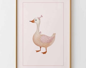 Gans kinderkamer kunst aan de muur, roze gans poster met feestmuts, babymeisje kamer decor, grillige dierenprint, zachte neutrale kinderkamer kunst