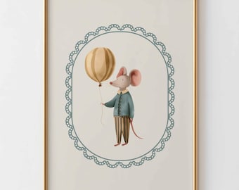 Muis ballon kinderkamer print, kunst aan de muur kinderen, vintage dieren poster, neutraal babykamer decor, grillige verhalenboek kinderkamer print