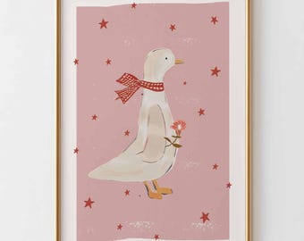 Schattige gans kinderkamer kunst aan de muur met sterren, babymeisje kamer decor, grillige eend poster met bloem, roze kinderkamer print, kinderkamer kunst aan de muur