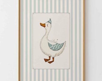 Vintage gans kinderkamer kunst aan de muur, babykamer print, neutraal kinderkamer decor, Scandinavische dierenposter