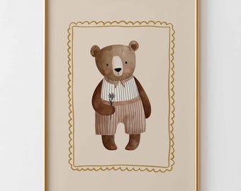 Vintage teddybeer kinderkamer kunst aan de muur, neutraal babykamer decor, schattige beer poster, boerderij kinderkamer print, grillige kinderkamer kunst