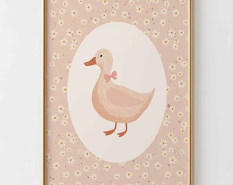 Eend kinderkamer kunst aan de muur, Daisy Floral Duck poster, Cottagecore babykamer decor, grillige dierenprint, vintage kinderen muurkunst